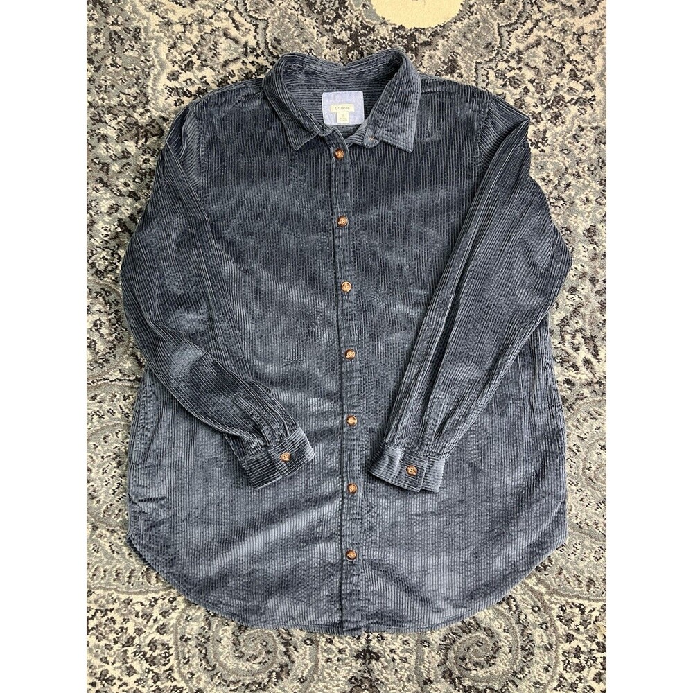 LL BEAN Women's Comfort Corduroy Relaxed Button-Up Shirt Shacket Blue Size XL